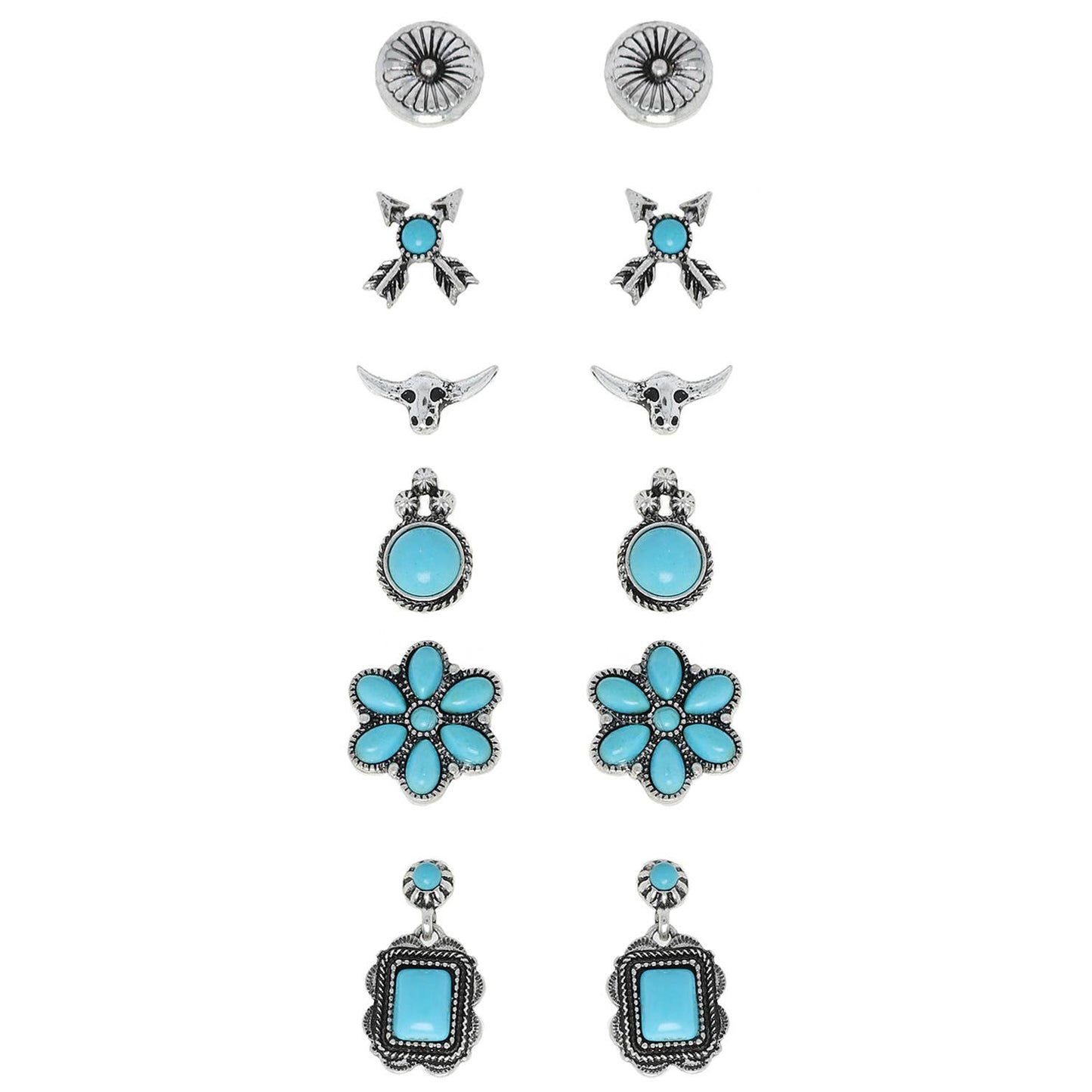 Assorted 6-Pair Turquoise Western Style Stud Earrings Set