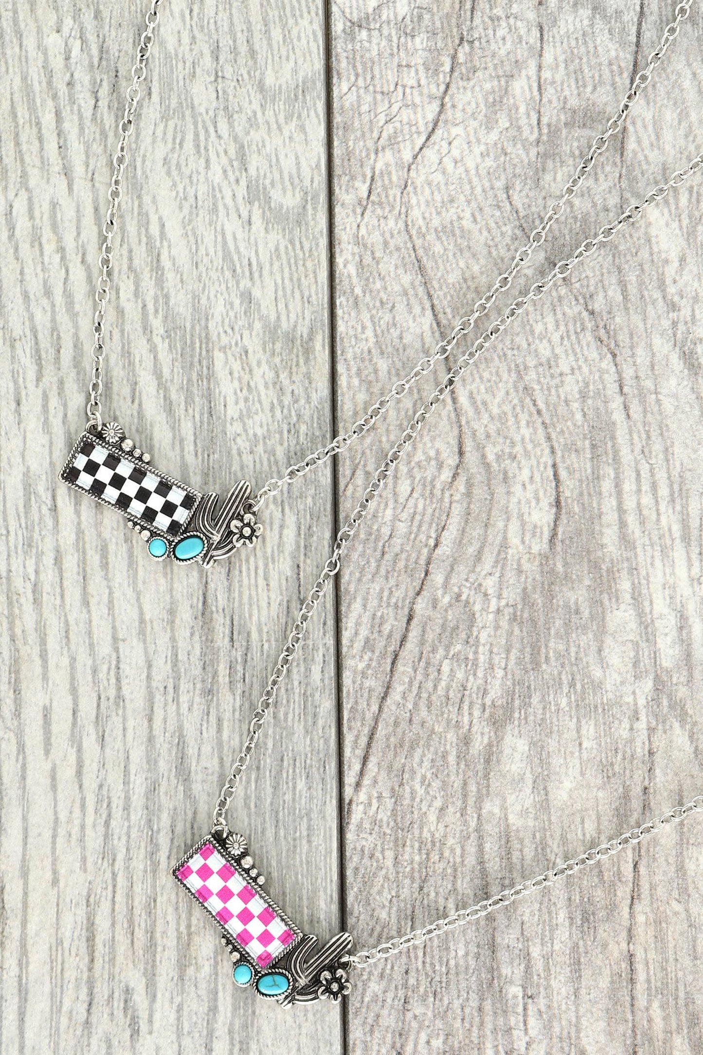 Western Checkerboard Cactus Pendant Necklace