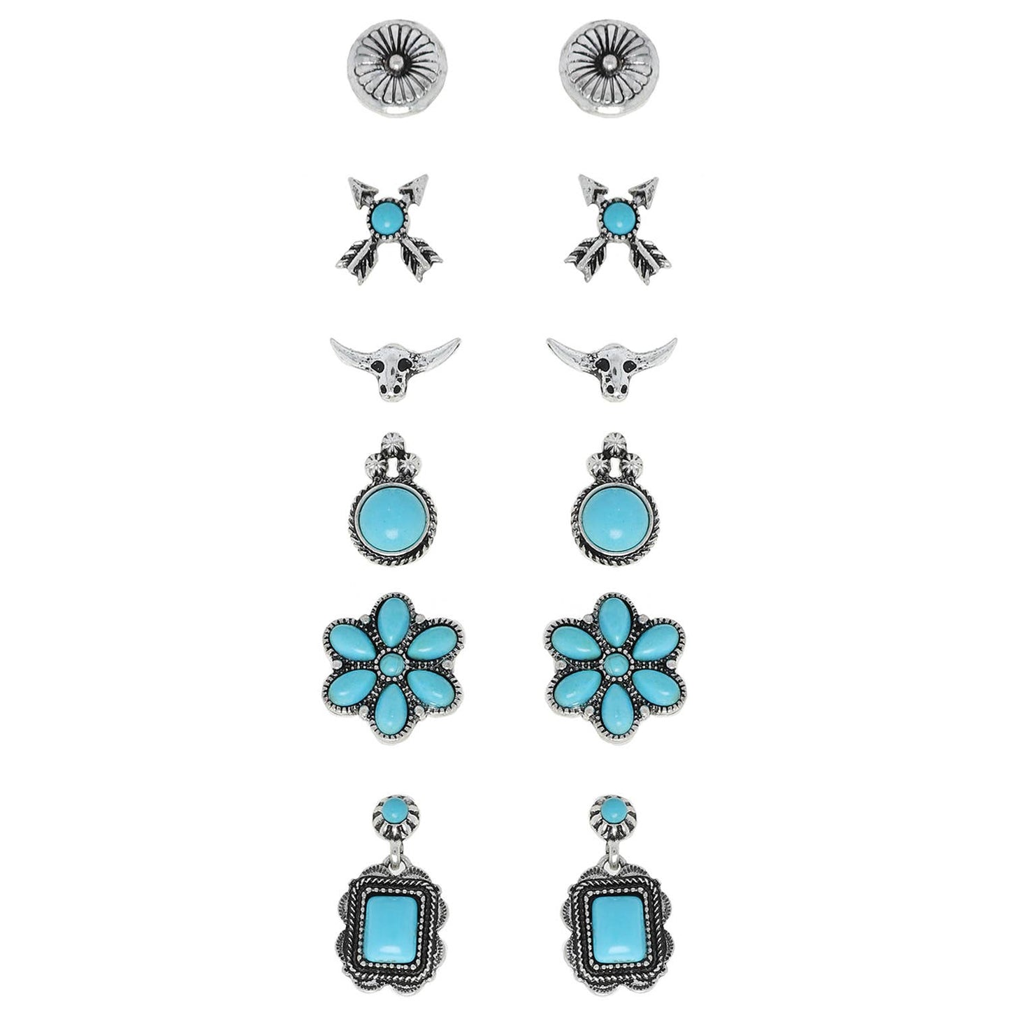 Assorted 6-Pair Turquoise Western Style Stud Earrings Set