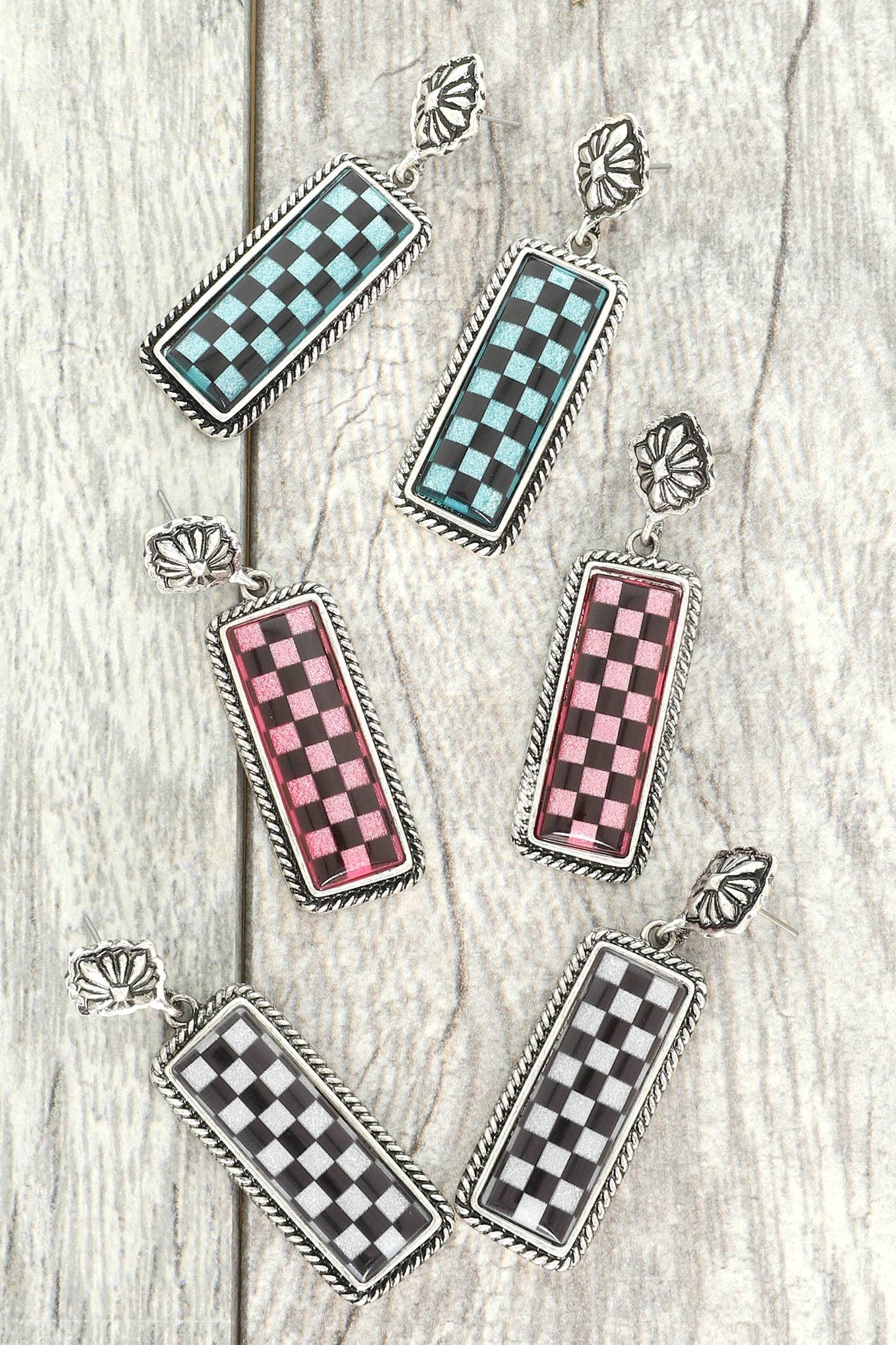 Western Epoxy Checkerboard Bar Post Earring