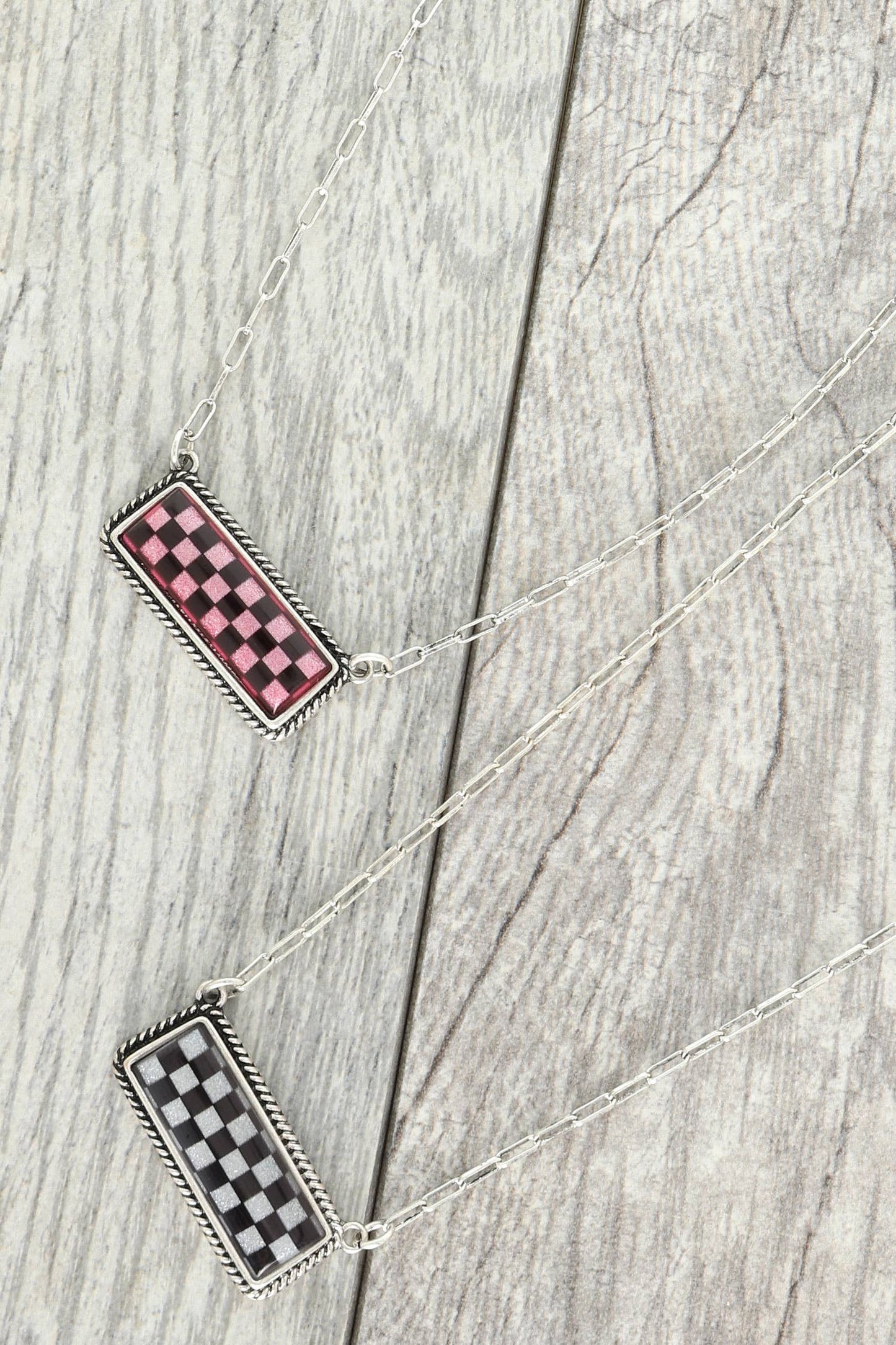 Western Checkerboard Bar Pendant Necklace